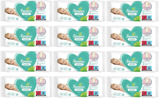 Baby Wet Wipes PAMPER'S Sensitive Soft Gentle Fresh Babies No Fragrance Unscented Newborn Nappy Changing Skin Protection Clean Safe 52 Pcs Pack UK Free P&P (12x PAMPERS Packs (624 Wipes))