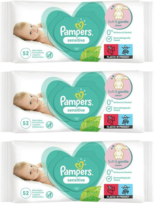 MAMA UNIVERSE Baby Wet Wipes Sensitive Soft Gentle Fresh Babies No Fragrance Unscented Newborn Nappy Changing Skin Protection Clean Safe 52 Pcs Pack UK Free P&P (3X PAMPER-S Packs (156 Wipes))