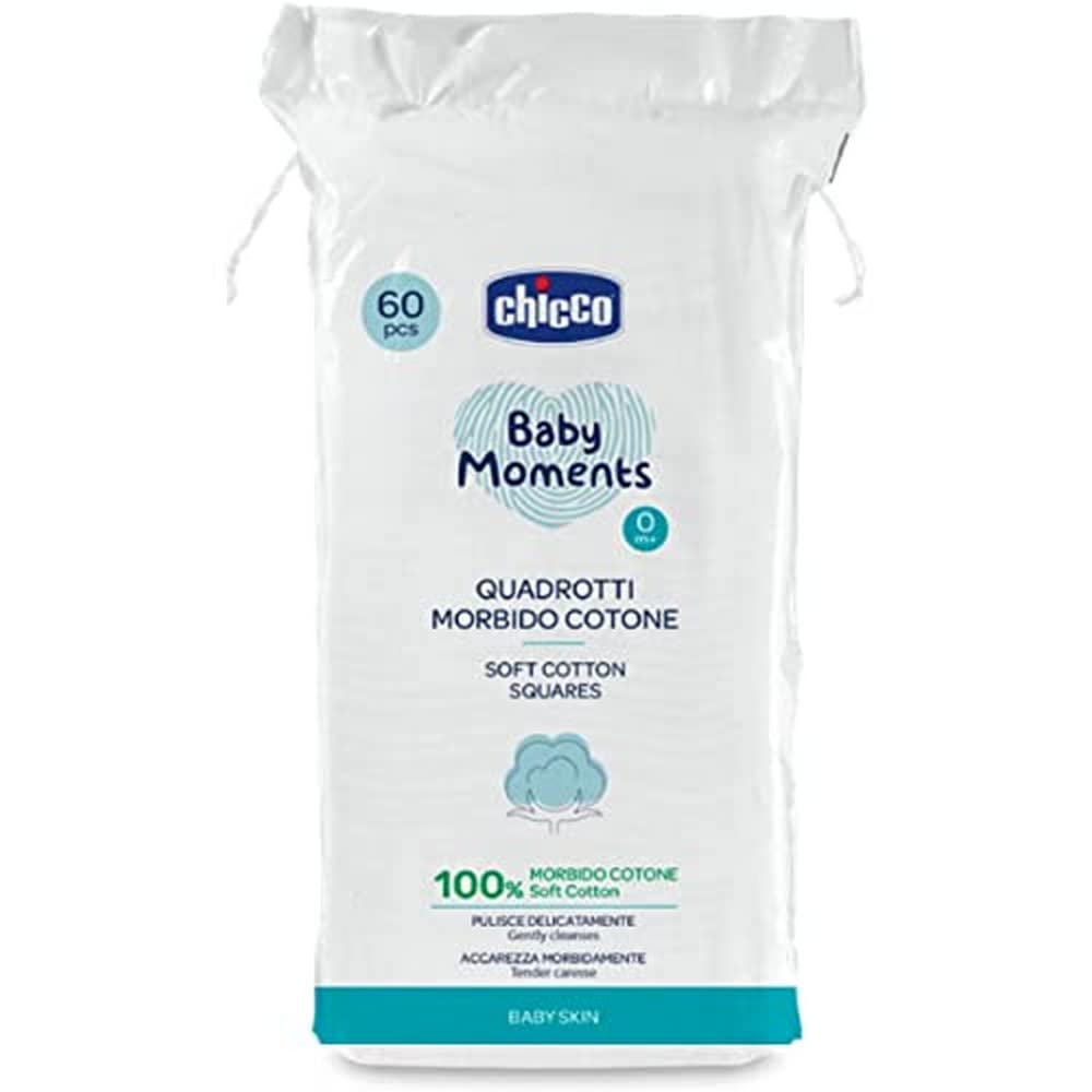 Chicco Baby Moments 100% Soft Cotton Squares (60 Count) for Cleaning and Baby Care | Soft & Gentle on Delicate Skin
