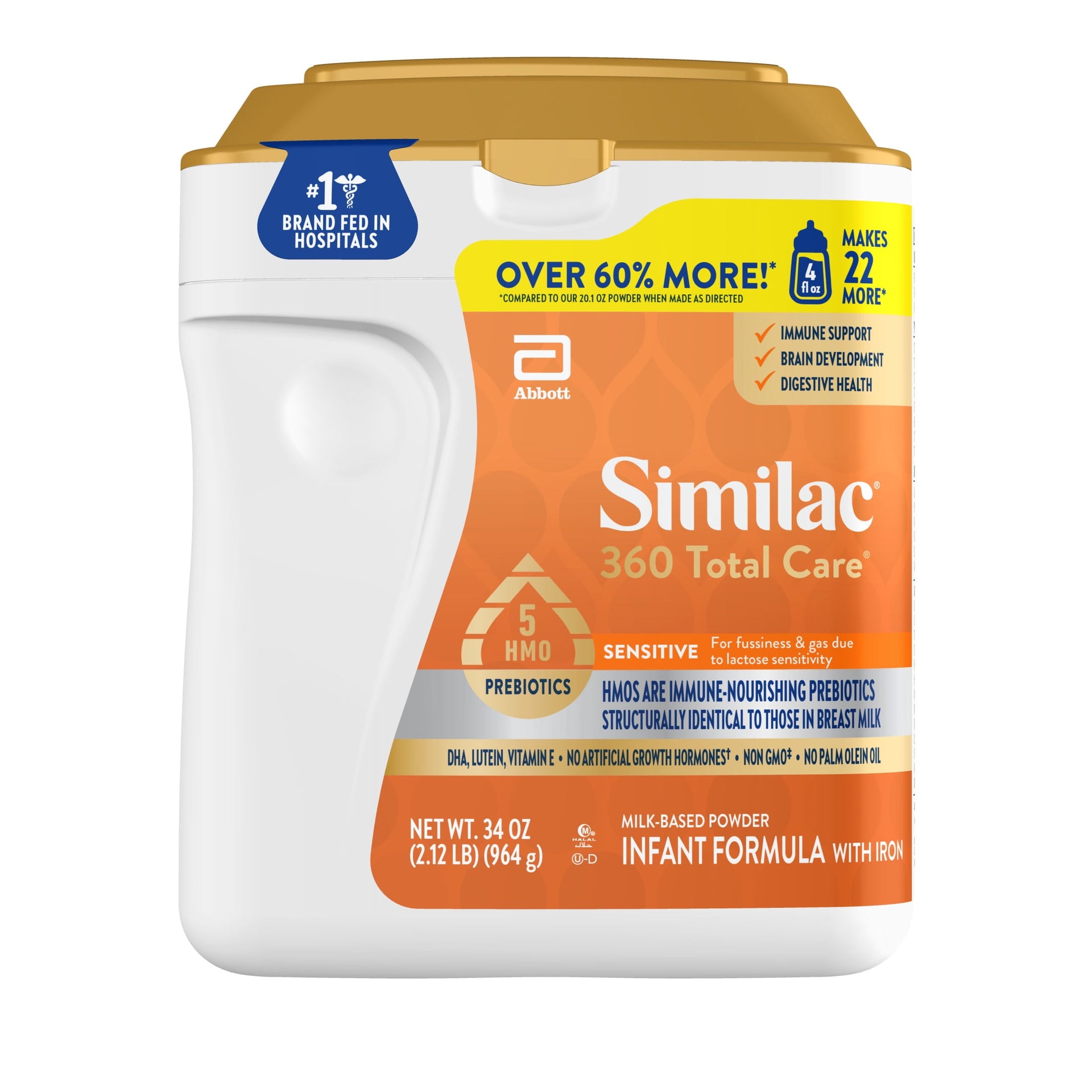 Similac 360 Total Care Sensitive Baby Formula Powder, Has 5 HMO Prebiotics, 34-oz Value Tub