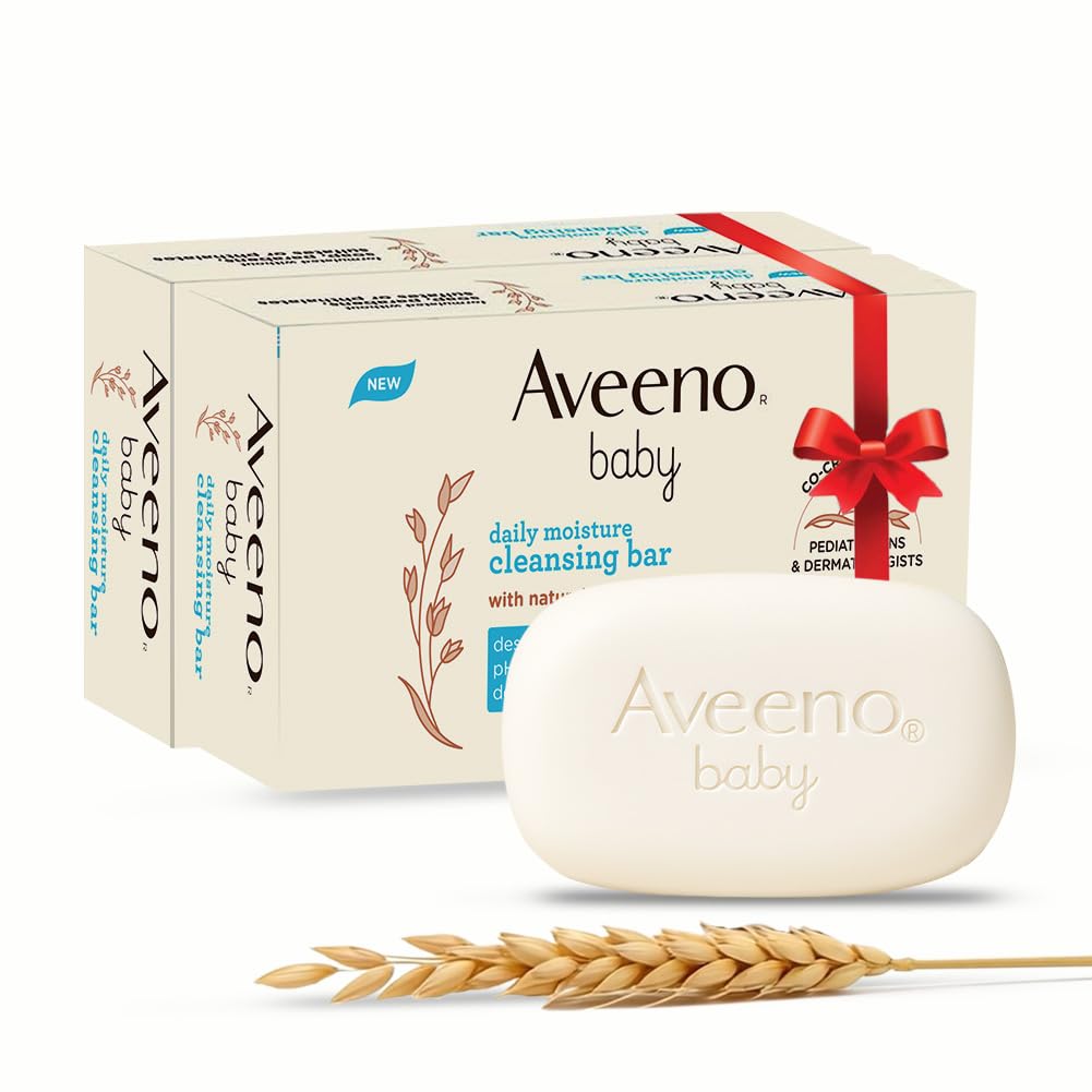 Aveeno Baby Daily Moisture Cleansing Bar 75g (Pack of 2) | With natural Oatmeal, Glycerin and Shea Butter | Co-created with Pediatricians and Dermatologists for newborn sensitive skin | pH balanced, free of soap, parabens sulfates and phthalates