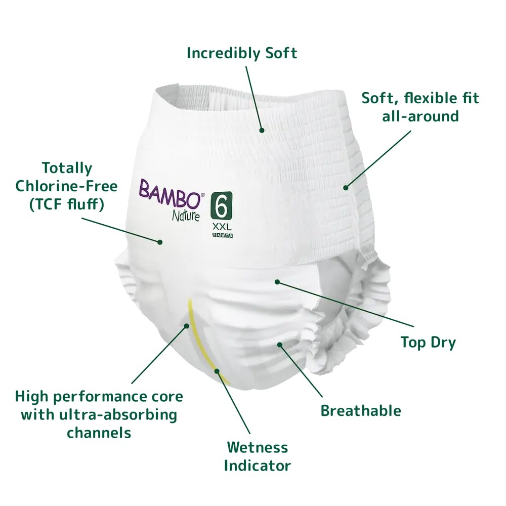 Bambo Nature Premium Baby Pants Diapers for Kids XXL Size (15+ Kgs), Super Absorbent, Breathable, Extra Soft, Dermatologically Tested, Hypoallergenic Infant Nappies With Wetness Indicator, 38 Count