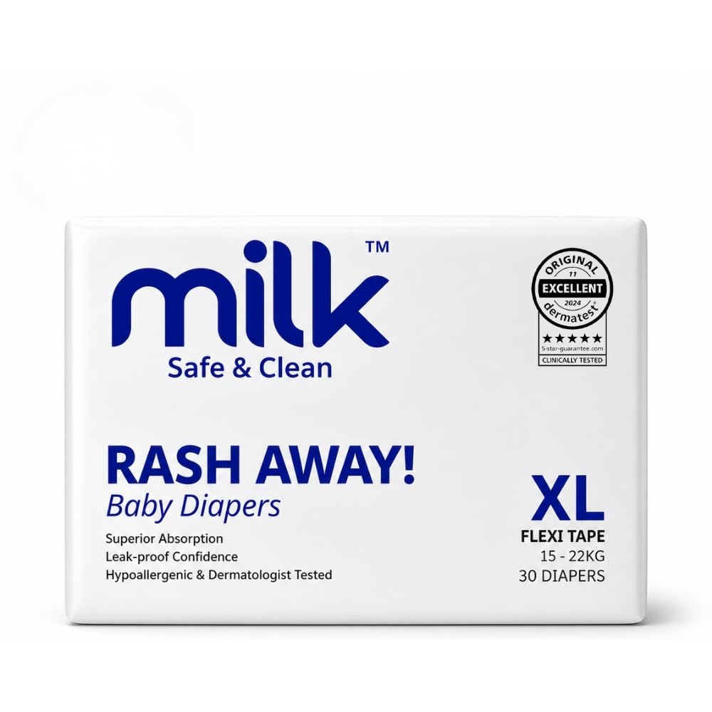 Milk Baby Diapers XL Size (15–22 kg) – 30 Count | Flexi Tape Closure | Super Absorbent, Leakproof & Soft for Sensitive Skin
