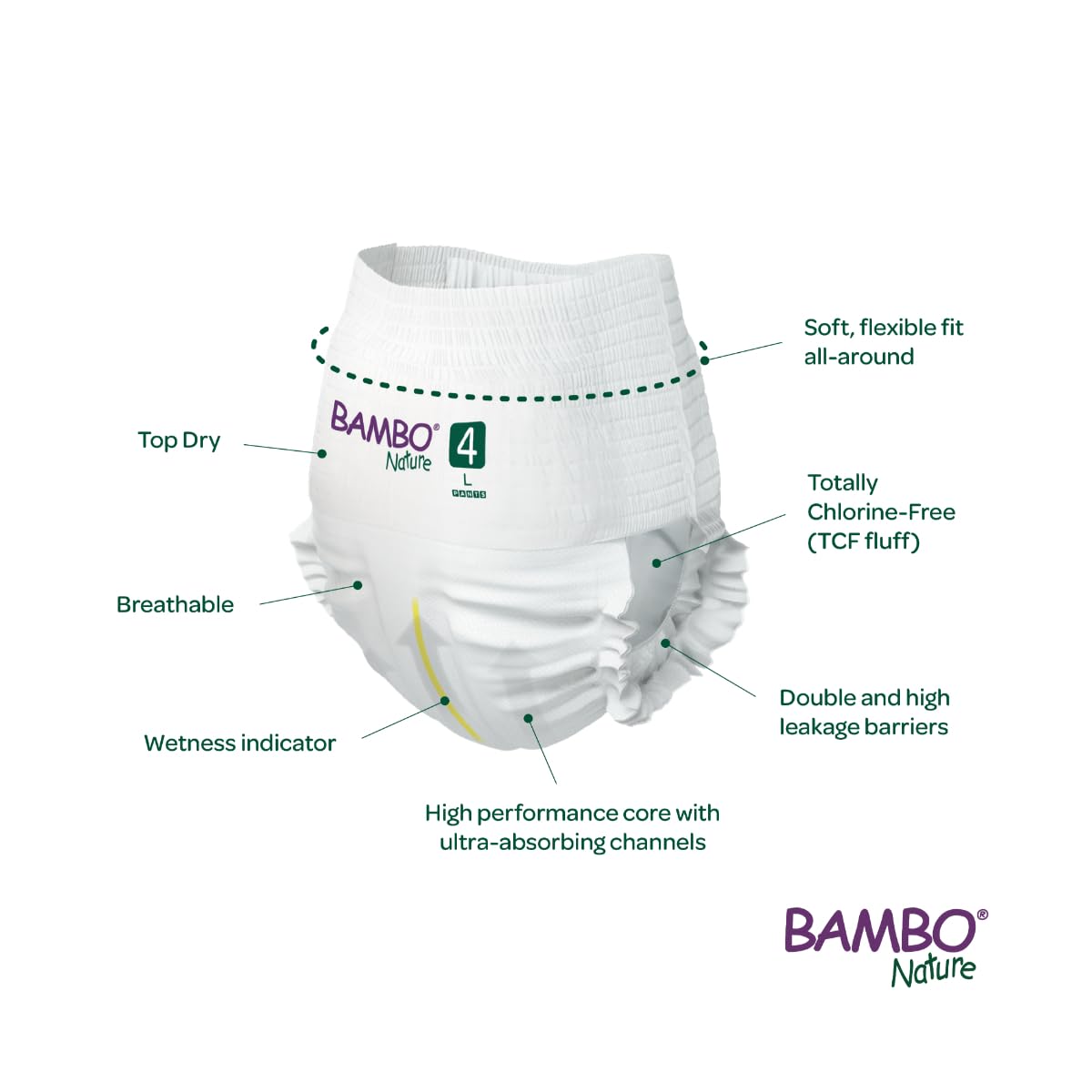 Bambo Nature Premium Baby Pants Diapers for Baby Large Size (7-12 Kgs), Super Absorbent, Breathable, Extra Soft, Dermatologically Tested, Hypoallergenic Nappies With Wetness Indicator, 60 Count