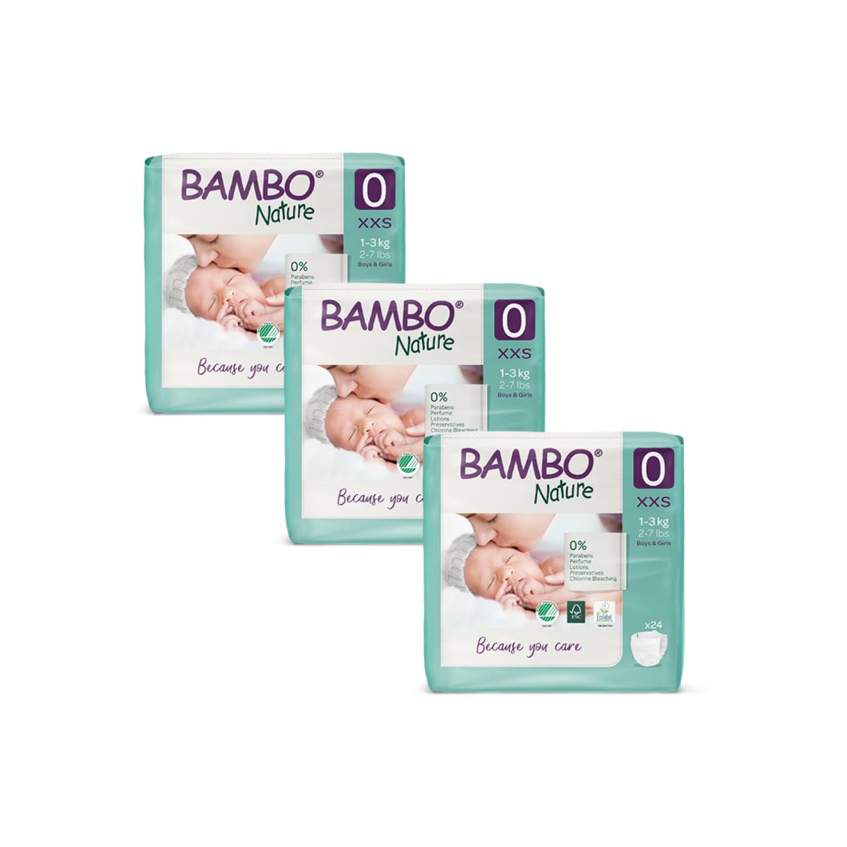 Bambo Nature Premium Baby Tape Diapers for Premature Baby XXS Size (1-3 Kgs) - Super Absorbent, Breathable, Extra Soft, Dermatologically Tested, Hypoallergenic Nappies With Wetness Indicator, 24 Count