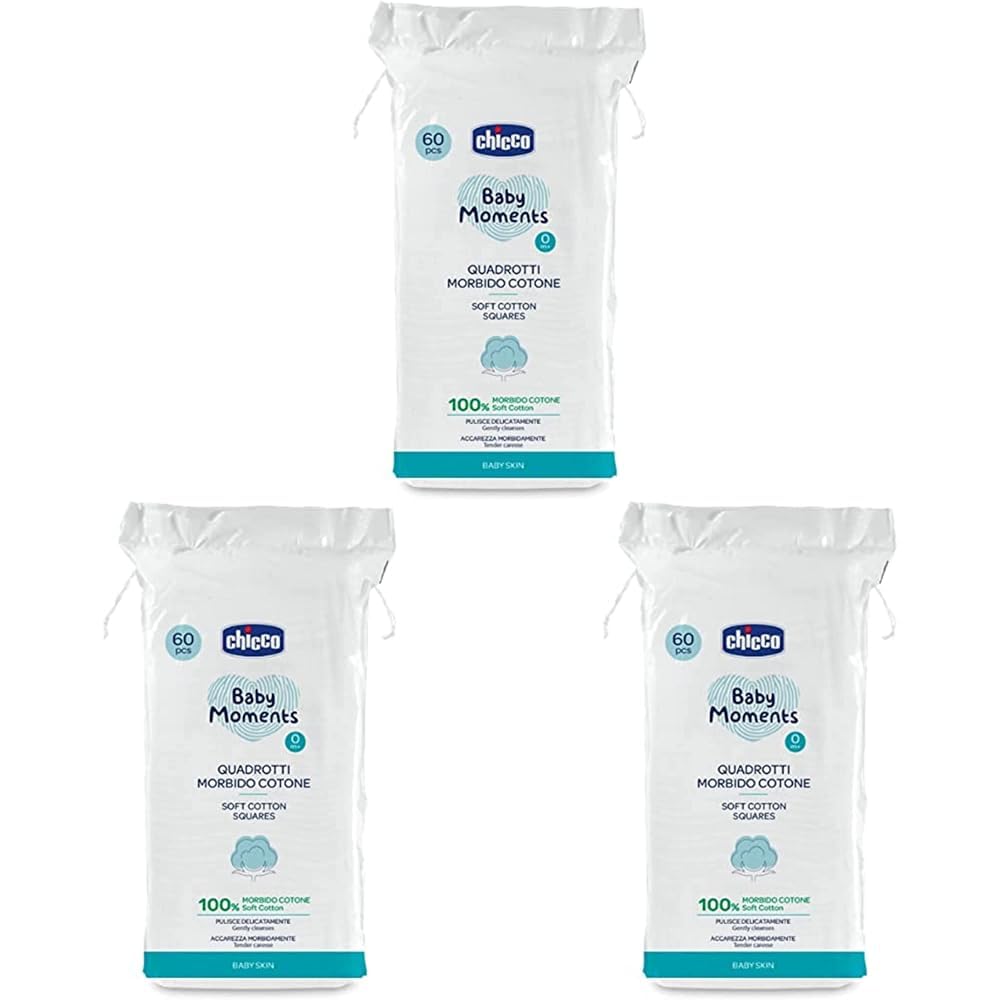 Chicco Baby Moments 100% Soft Cotton Squares (60 Count) for Cleaning and Baby Care | Soft & Gentle on Delicate Skin