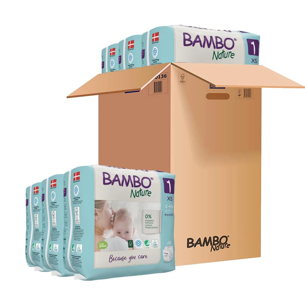 Bambo Nature Premium Baby Tape Diapers for New Born Baby XS Size (2-4 Kgs) - Super Absorbent, Breathable, Extra Soft, Dermatologically Tested, Hypoallergenic Nappies With A Wetness Indicator, 22 Count