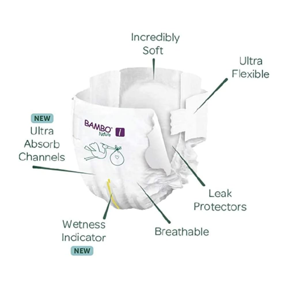 Bambo Nature Premium Baby Tape Diapers for New Born Baby XS Size (2–4 Kgs) – Super Absorbent, Breathable, Extra Soft, Dermatologically Tested, Hypoallergenic Nappies with Wetness Indicator, 132 Count