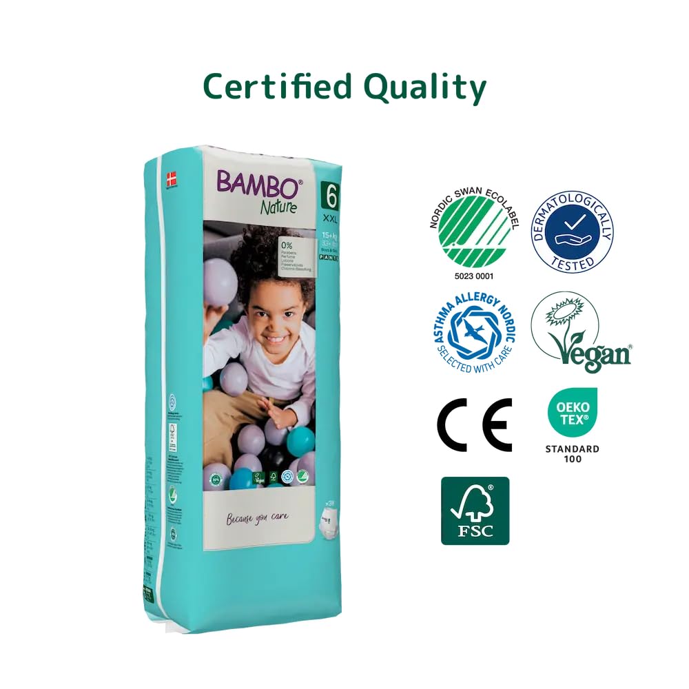 Bambo Nature Premium Baby Pants Diapers for Kids XXL Size (15+ Kgs), Super Absorbent, Breathable, Extra Soft, Dermatologically Tested, Hypoallergenic Infant Nappies With Wetness Indicator, 38 Count