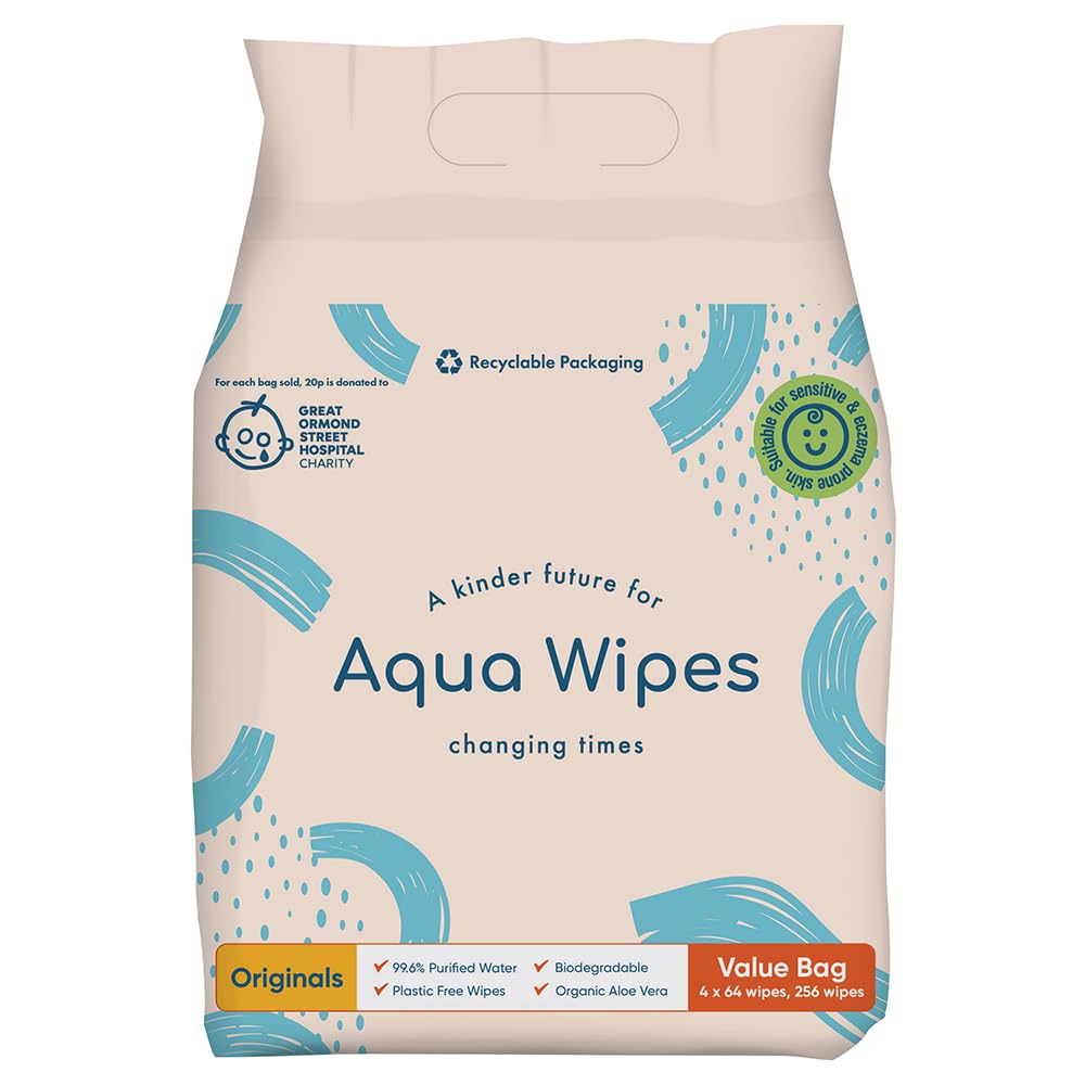 Aqua Wipes Originals Baby Wipes, 100% Biodegradable, Plastic Free Wipes, 99.6% Purified Water, Newborn Wipes, Vegan, Paraben and Perfume Free, NHS Approved (12 Packs of 64 Wipes, 768 Wipes)