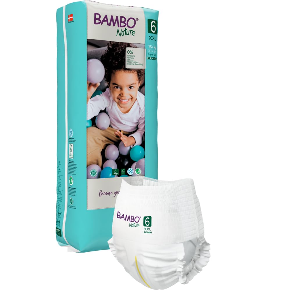 Bambo Nature Premium Baby Pants Diapers for Kids XXL Size (15+ Kgs), Super Absorbent, Breathable, Extra Soft, Dermatologically Tested, Hypoallergenic Infant Nappies With Wetness Indicator, 38 Count