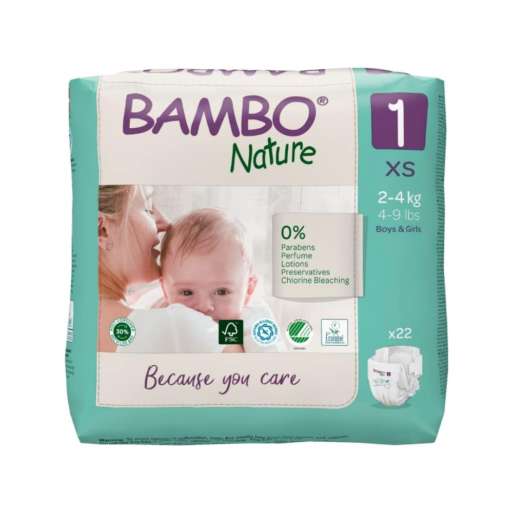 Bambo Nature Premium Baby Tape Diapers for New Born Baby XS Size (2–4 Kgs) – Super Absorbent, Breathable, Extra Soft, Dermatologically Tested, Hypoallergenic Nappies with Wetness Indicator, 132 Count