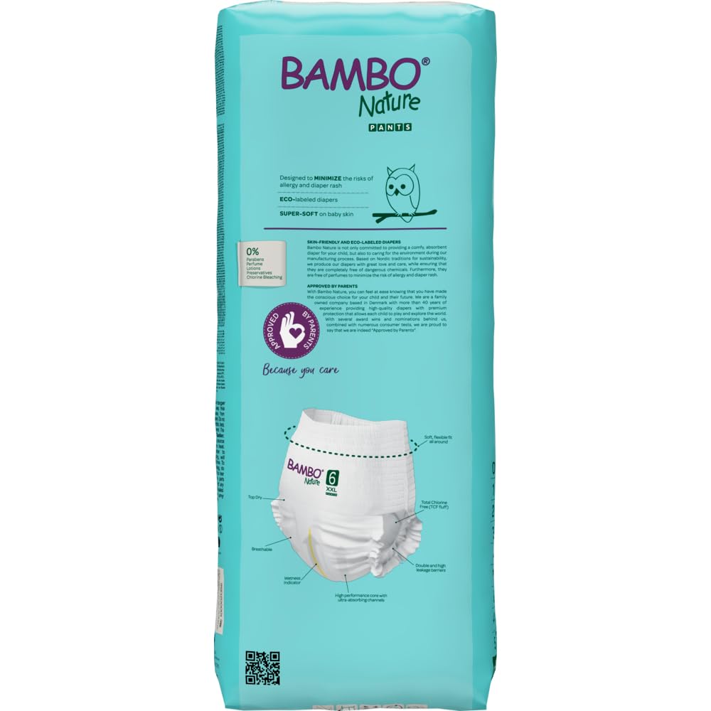 Bambo Nature Premium Baby Pants Diapers for Kids XXL Size (15+ Kgs), Super Absorbent, Breathable, Extra Soft, Dermatologically Tested, Hypoallergenic Infant Nappies With Wetness Indicator, 38 Count