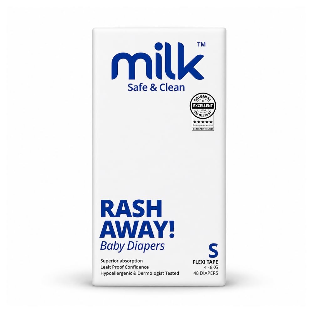 Milk Baby Diapers Rash Away Flexi Tape, Size S (4-8 kg), 48 Count | Up to 12 Hours Dryness, Leak-Proof, Hypoallergenic & Dermatologist Tested
