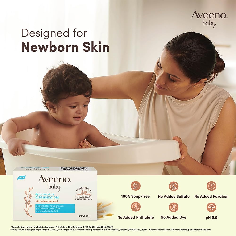 Aveeno Baby Daily Moisture Cleansing Bar 75g (Pack of 2) | With natural Oatmeal, Glycerin and Shea Butter | Co-created with Pediatricians and Dermatologists for newborn sensitive skin | pH balanced, free of soap, parabens sulfates and phthalates