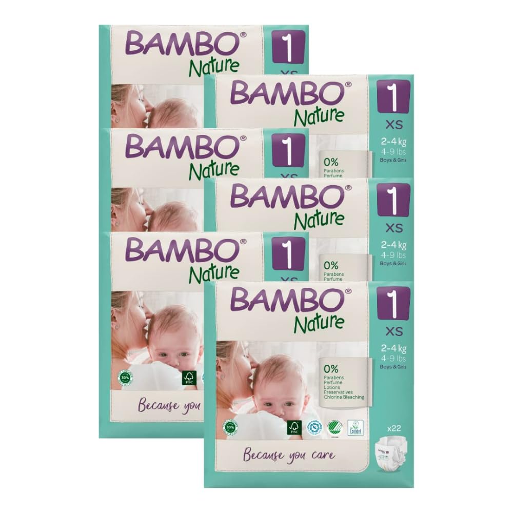 Bambo Nature Premium Baby Tape Diapers for New Born Baby XS Size (2–4 Kgs) – Super Absorbent, Breathable, Extra Soft, Dermatologically Tested, Hypoallergenic Nappies with Wetness Indicator, 132 Count