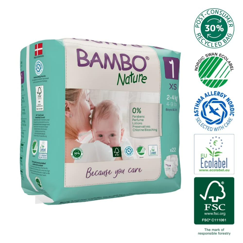 Bambo Nature Premium Baby Tape Diapers for New Born Baby XS Size (2–4 Kgs) – Super Absorbent, Breathable, Extra Soft, Dermatologically Tested, Hypoallergenic Nappies with Wetness Indicator, 132 Count