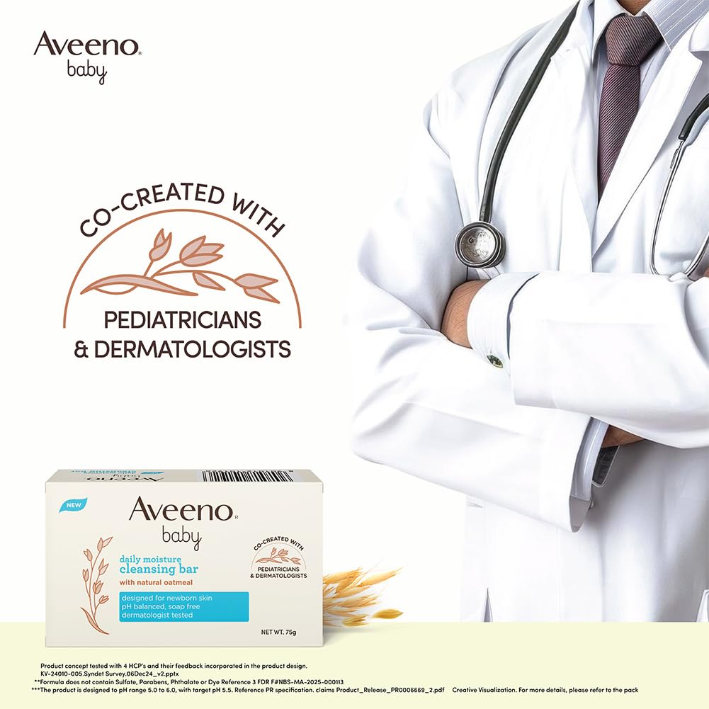 Aveeno Baby Daily Moisture Cleansing Bar 75g (Pack of 2) | With natural Oatmeal, Glycerin and Shea Butter | Co-created with Pediatricians and Dermatologists for newborn sensitive skin | pH balanced, free of soap, parabens sulfates and phthalates