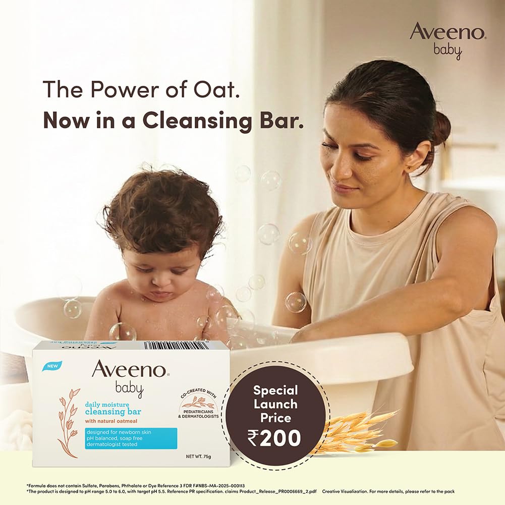 Aveeno Baby Daily Moisture Cleansing Bar 75g (Pack of 2) | With natural Oatmeal, Glycerin and Shea Butter | Co-created with Pediatricians and Dermatologists for newborn sensitive skin | pH balanced, free of soap, parabens sulfates and phthalates