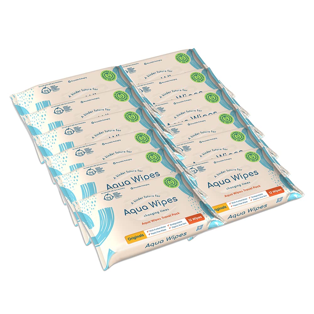 Aqua Wipes Originals Baby Wipes, 100% Biodegradable, Plastic Free Wipes, 99.6% Purified Water, Newborn Wipes, Vegan, Paraben and Perfume Free, NHS Approved (12 Packs of 64 Wipes, 768 Wipes)