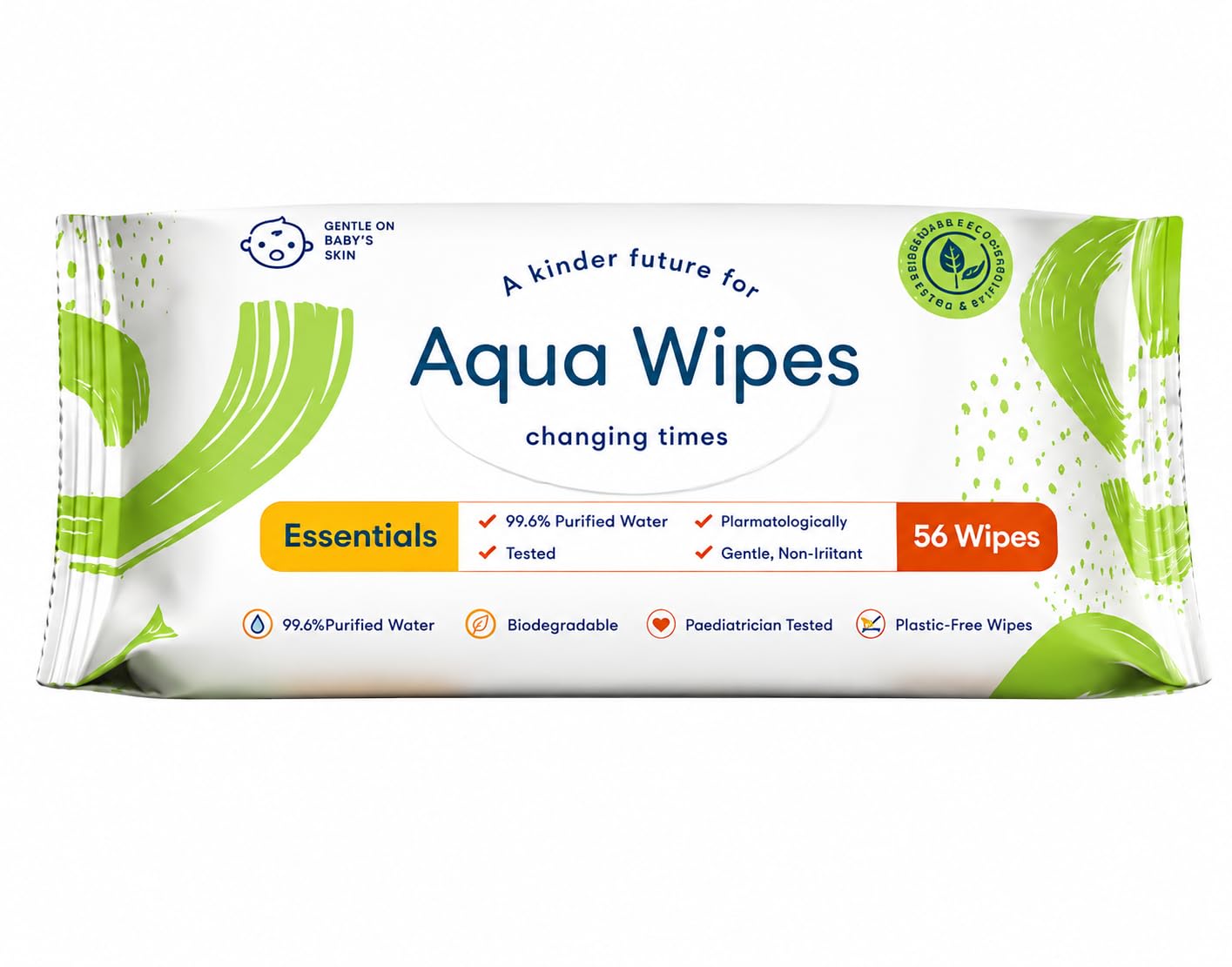 Aqua Wipes Essentials – 99.6% Water-Based Biodegradable Wipes for Sensitive Skin – Plastic-Free | Newborn Safe (Pack of 1)