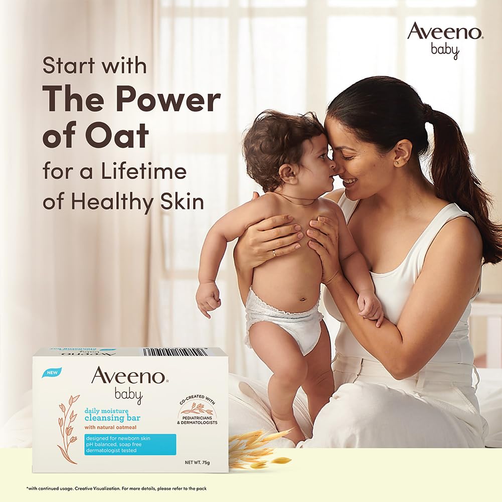 Aveeno Baby Daily Moisture Cleansing Bar 75g (Pack of 2) | With natural Oatmeal, Glycerin and Shea Butter | Co-created with Pediatricians and Dermatologists for newborn sensitive skin | pH balanced, free of soap, parabens sulfates and phthalates