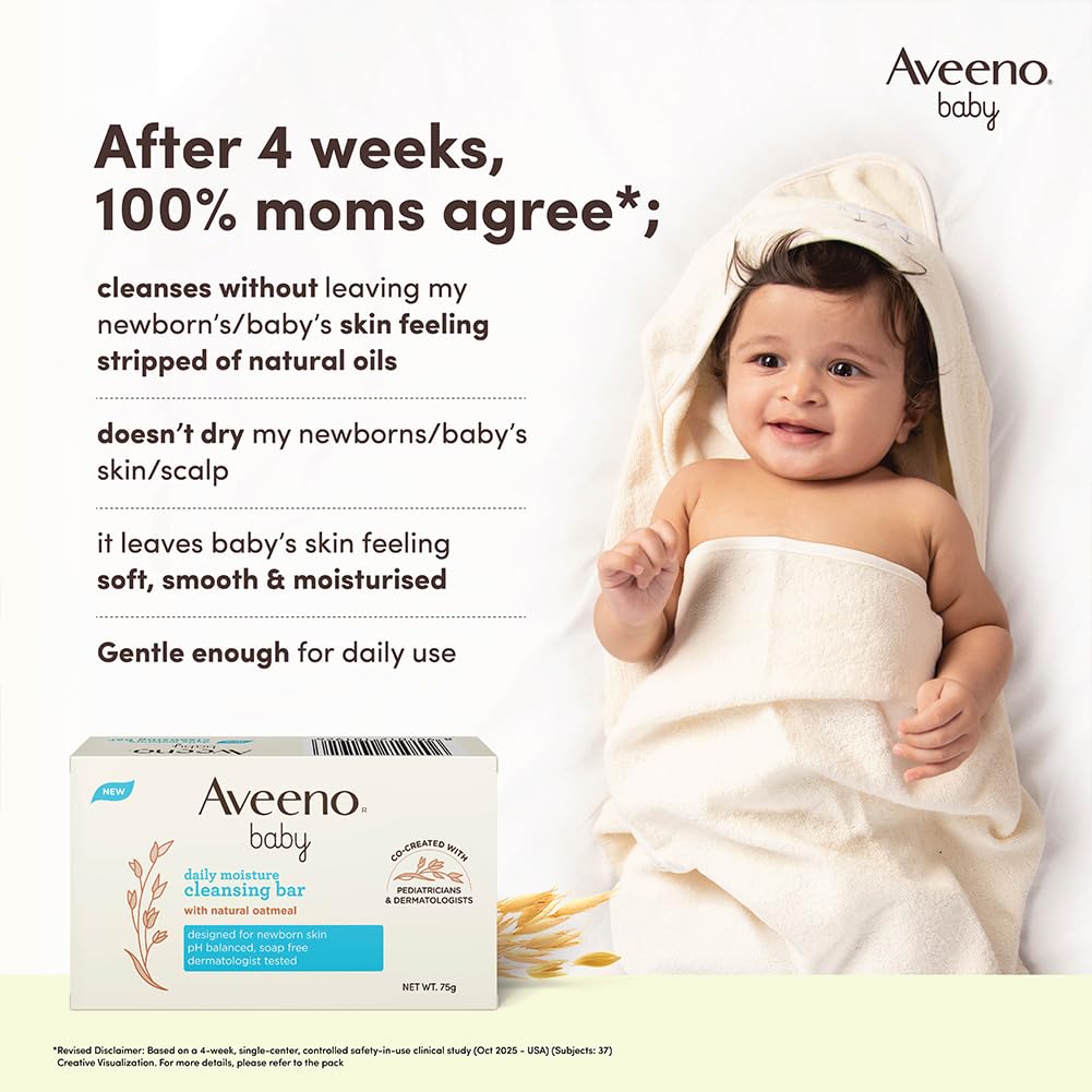 Aveeno Baby Daily Moisture Cleansing Bar 75g (Pack of 2) | With natural Oatmeal, Glycerin and Shea Butter | Co-created with Pediatricians and Dermatologists for newborn sensitive skin | pH balanced, free of soap, parabens sulfates and phthalates