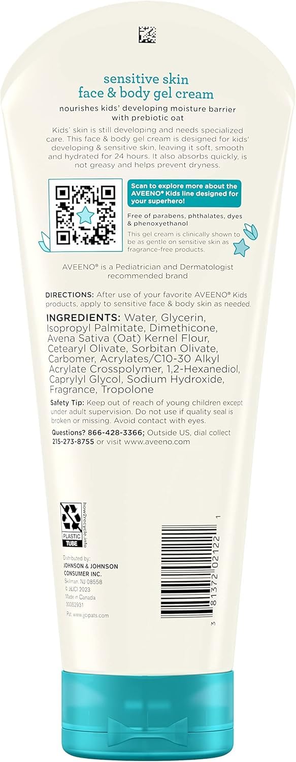 Aveeno Kids Sensitive Skin Face & Body Gel Cream, 8 oz/227g