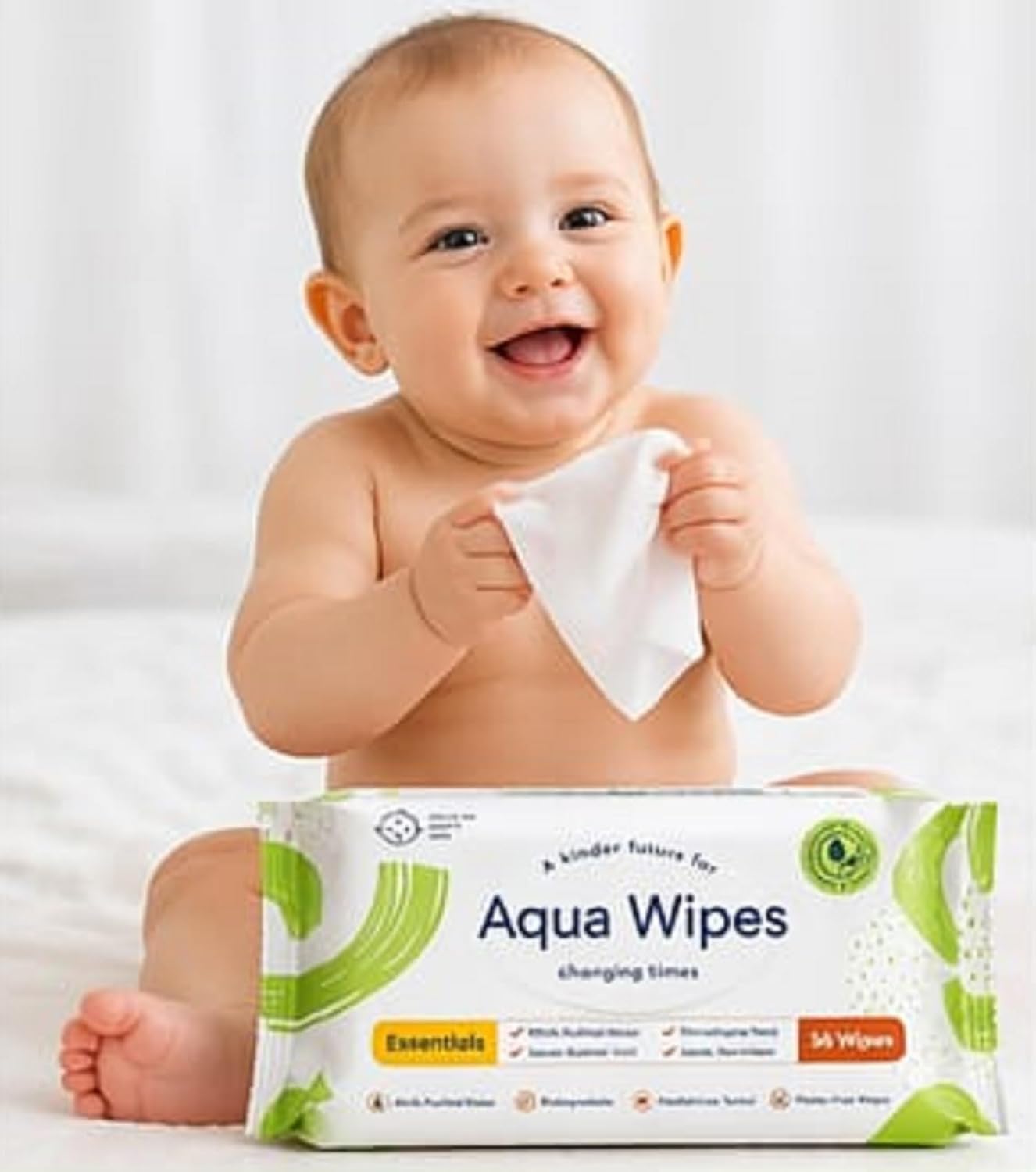 Aqua Wipes Essentials – 99.6% Water-Based Biodegradable Wipes for Sensitive Skin – Plastic-Free | Newborn Safe (Pack of 1)