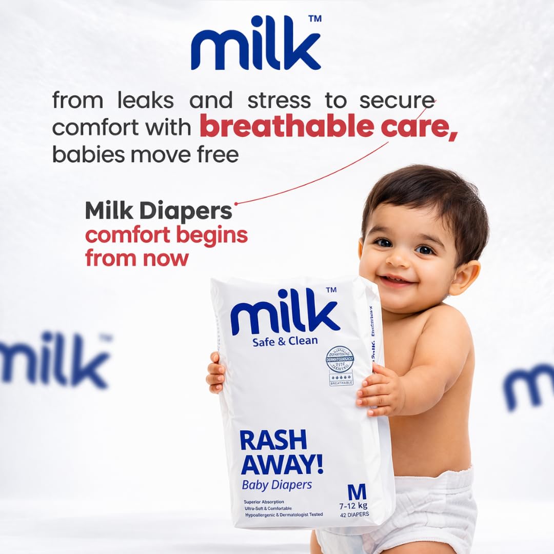 Milk Baby Diapers Flexi Tape Size M, 42 Count, 6-11 kg, Rash Protection, Leak-Proof, Soft & Comfortable, Hypoallergenic Baby Diapers
