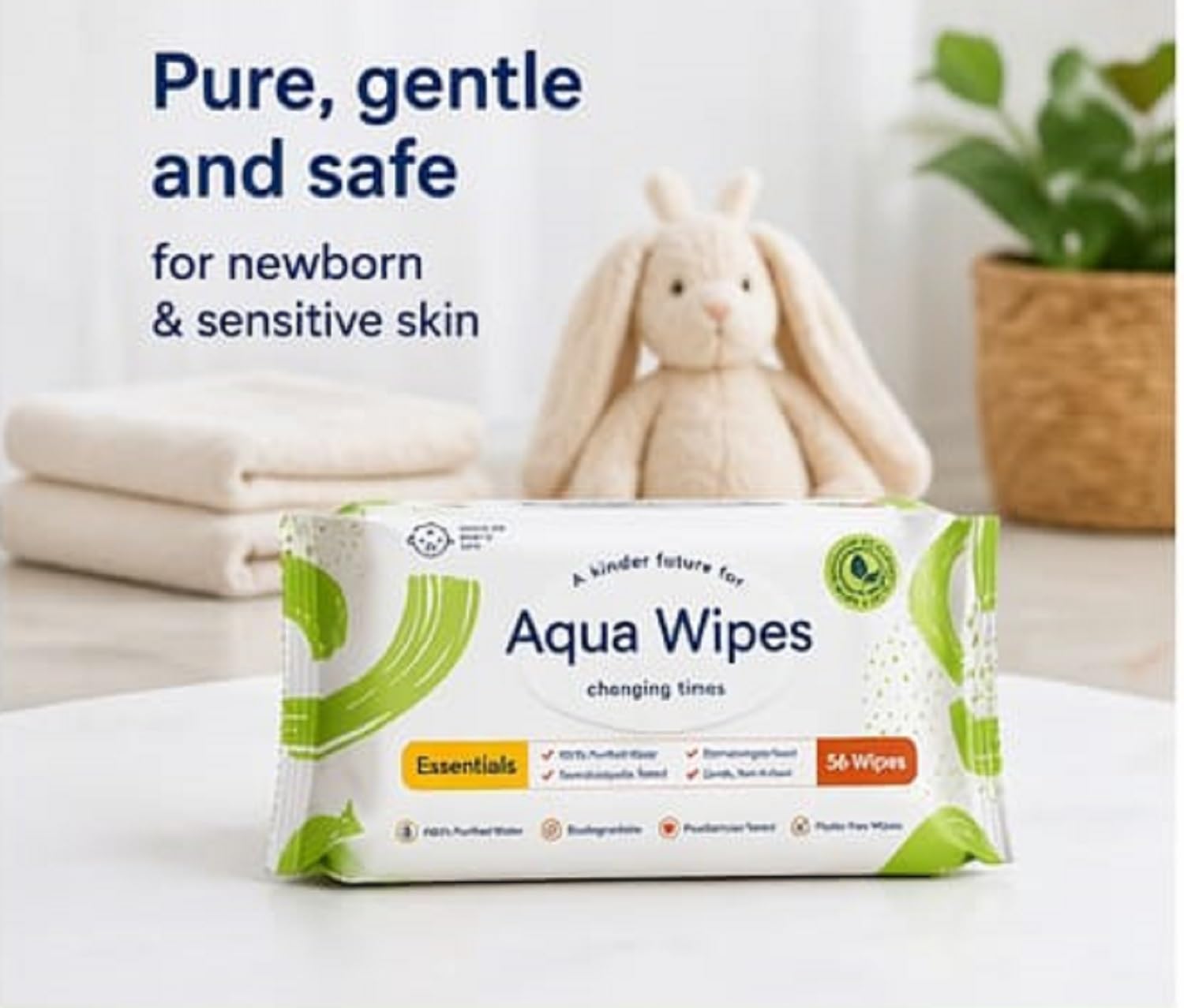 Aqua Wipes Essentials – 99.6% Water-Based Biodegradable Wipes for Sensitive Skin – Plastic-Free | Newborn Safe (Pack of 1)