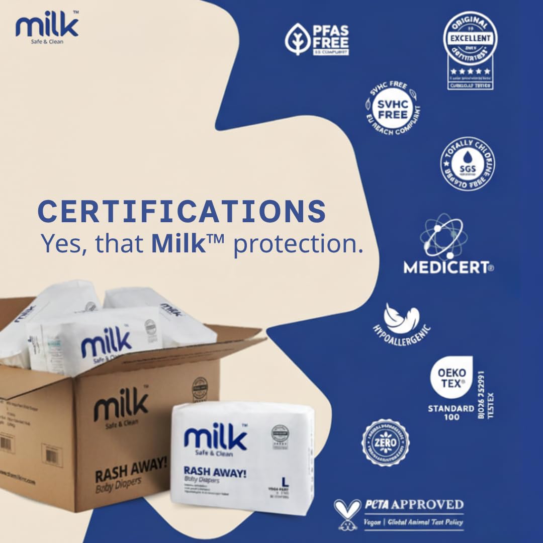 Milk Baby Diapers Flexi Tape Size M, 42 Count, 6-11 kg, Rash Protection, Leak-Proof, Soft & Comfortable, Hypoallergenic Baby Diapers