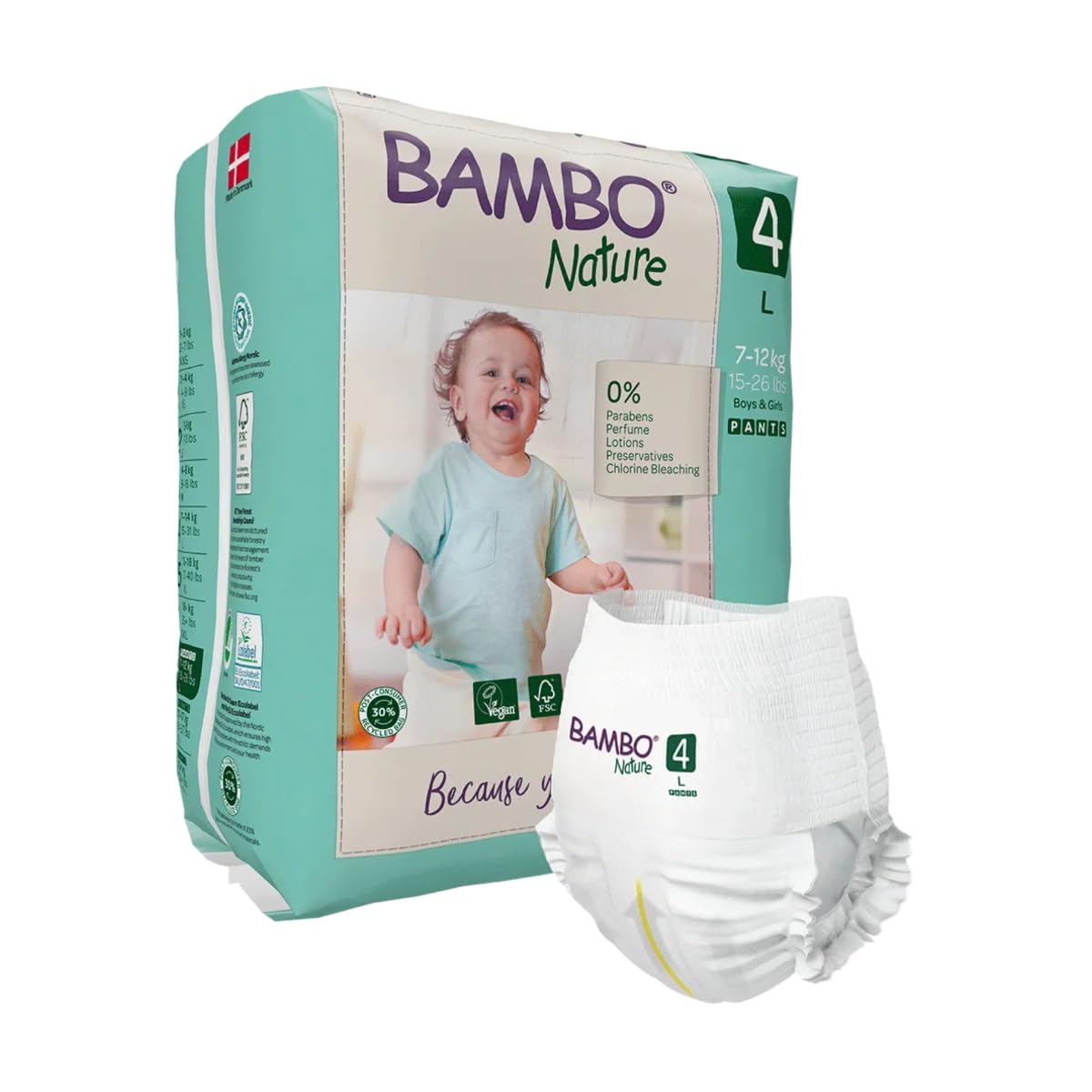 Bambo Nature Premium Baby Pants Diapers for Baby Large Size (7-12 Kgs), Super Absorbent, Breathable, Extra Soft, Dermatologically Tested, Hypoallergenic Nappies With Wetness Indicator, 60 Count