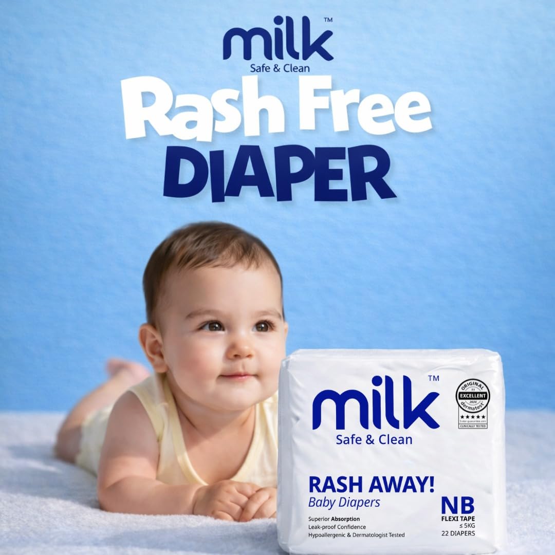 Milk Baby Newborn Diapers Flexi Tape, Size NB, 22 Count | Soft & Absorbent Baby Diapers for 0-5 kg | Leak Protection & Comfortable Fit