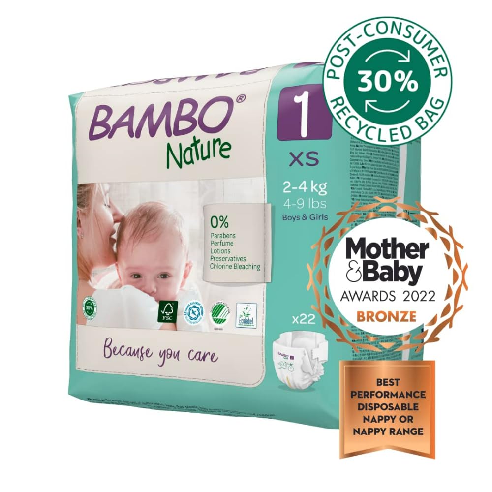 Bambo Nature Premium Baby Tape Diapers for New Born Baby XS Size (2–4 Kgs) – Super Absorbent, Breathable, Extra Soft, Dermatologically Tested, Hypoallergenic Nappies with Wetness Indicator, 132 Count