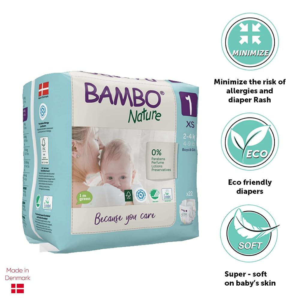 Bambo Nature Premium Baby Tape Diapers for New Born Baby XS Size (2–4 Kgs) – Super Absorbent, Breathable, Extra Soft, Dermatologically Tested, Hypoallergenic Nappies with Wetness Indicator, 132 Count