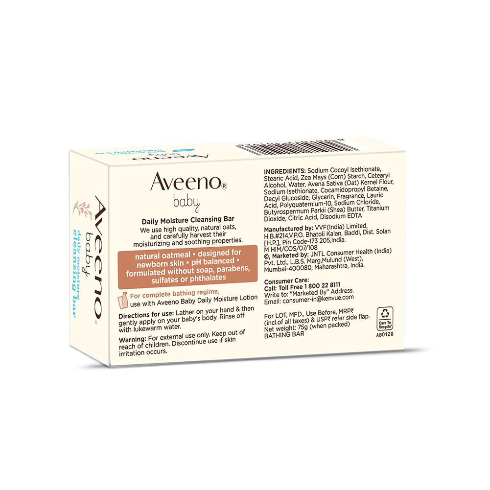 Aveeno Baby Daily Moisture Cleansing Bar 75g (Pack of 2) | With natural Oatmeal, Glycerin and Shea Butter | Co-created with Pediatricians and Dermatologists for newborn sensitive skin | pH balanced, free of soap, parabens sulfates and phthalates