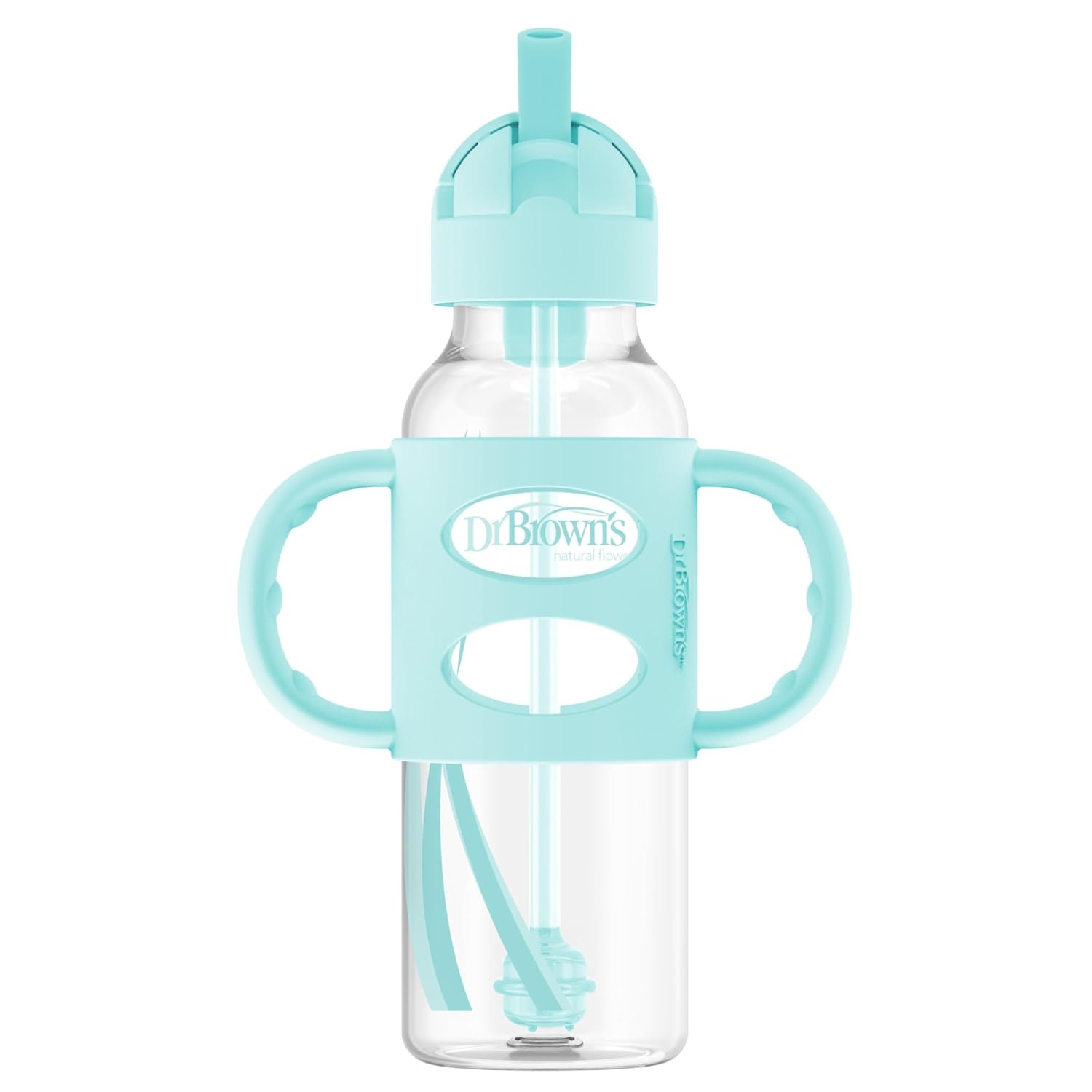 Dr. Brown's Milestones Narrow Sippy Straw Bottle, Spill-Proof with 100% Silicone Handles and Weighted Straw, 8 oz/250 mL, Green, 6m+