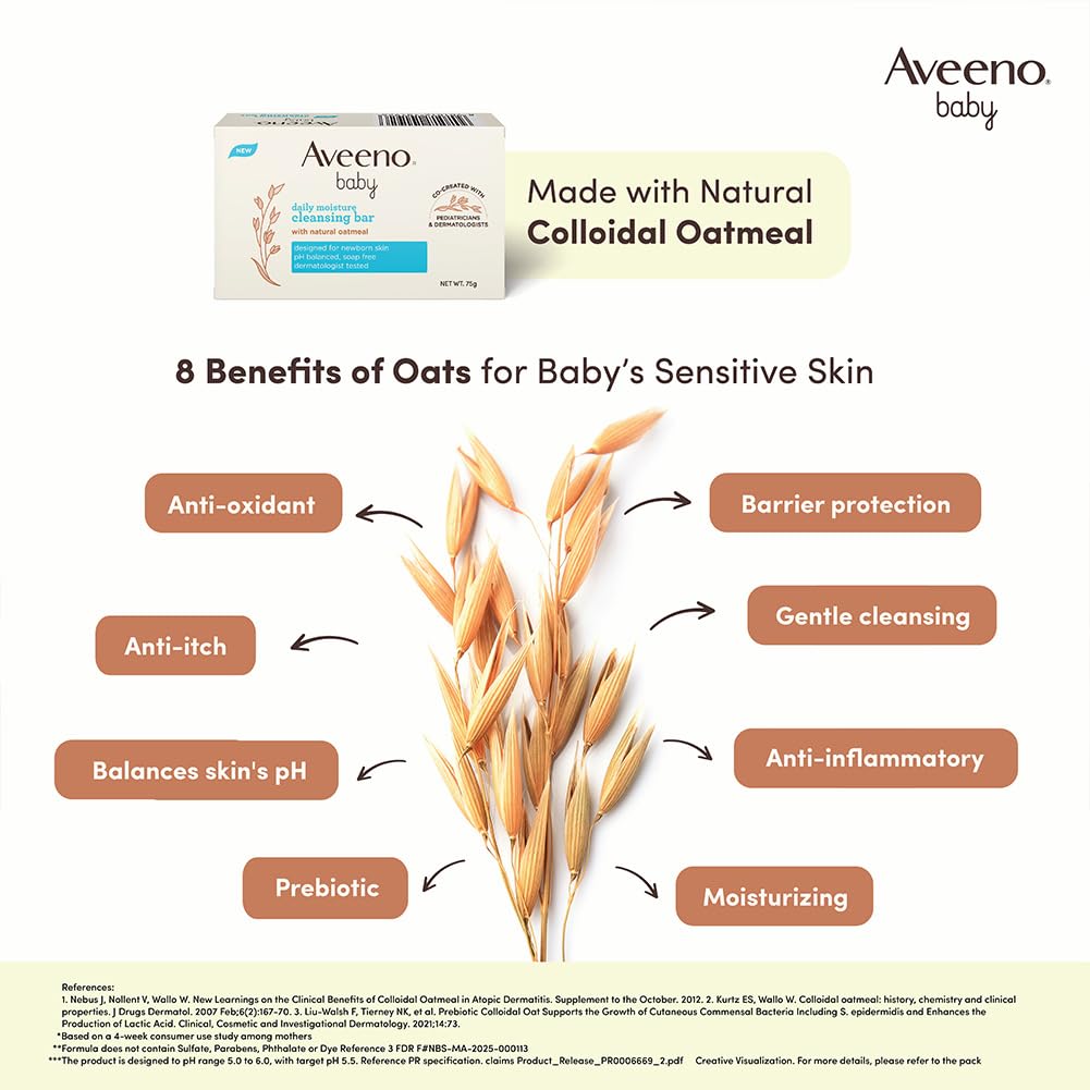 Aveeno Baby Daily Moisture Cleansing Bar 75g (Pack of 2) | With natural Oatmeal, Glycerin and Shea Butter | Co-created with Pediatricians and Dermatologists for newborn sensitive skin | pH balanced, free of soap, parabens sulfates and phthalates