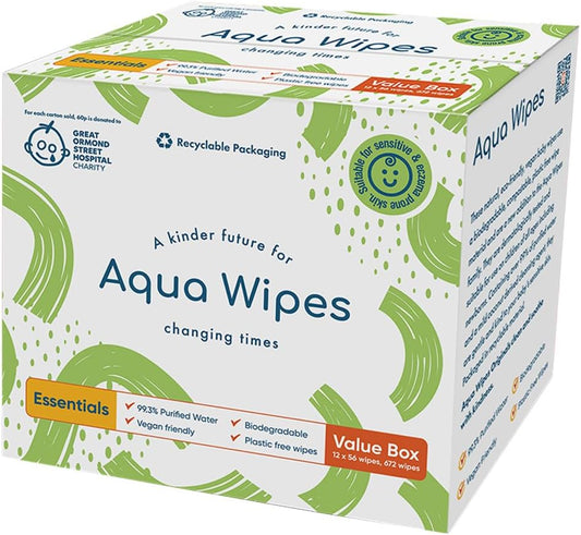 NEW Aqua Wipes Essentials Baby Wipes - Biodegradable and plastic free sensitive baby wipes with 99.6% purified water. Suitable for newborn onwards (Carton of 12 Packs of 56, Total 672 Wipes)