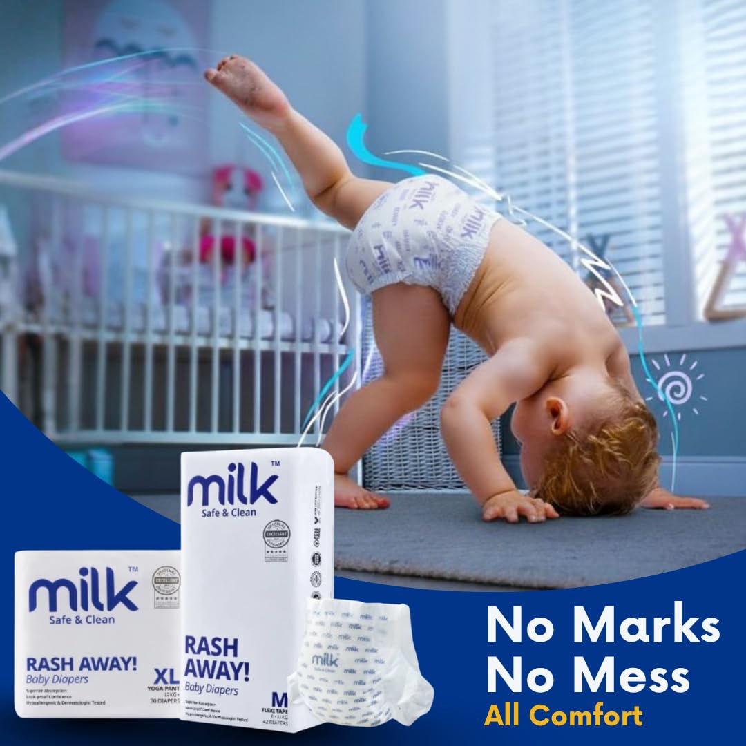 Milk Baby Diapers Flexi Tape Size M, 42 Count, 6-11 kg, Rash Protection, Leak-Proof, Soft & Comfortable, Hypoallergenic Baby Diapers