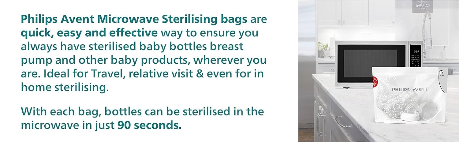 Philips Avent Microwave Sterilizing Bag | Kills 99.9% Germs | Sterilizes Bottles, Breast Pump and Baby Products in 90 Sec | 100 Sterilization Cycle in One Pack | Pack of 5 Bags (White) | Scf297/05