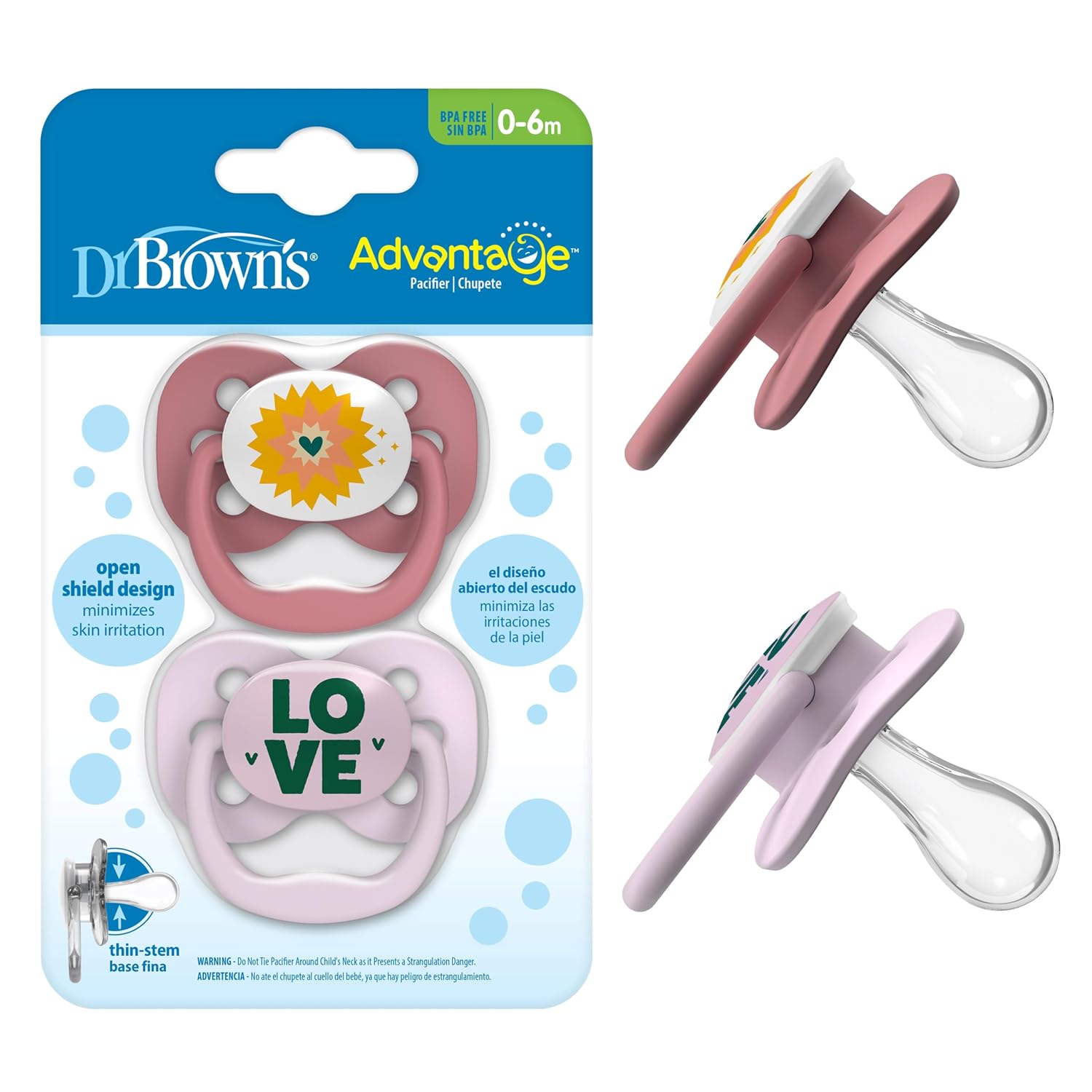 Dr. Brown's Silicone Advantage Baby Pacifiers, Stage 1, 2Count, Pink 0-6 months