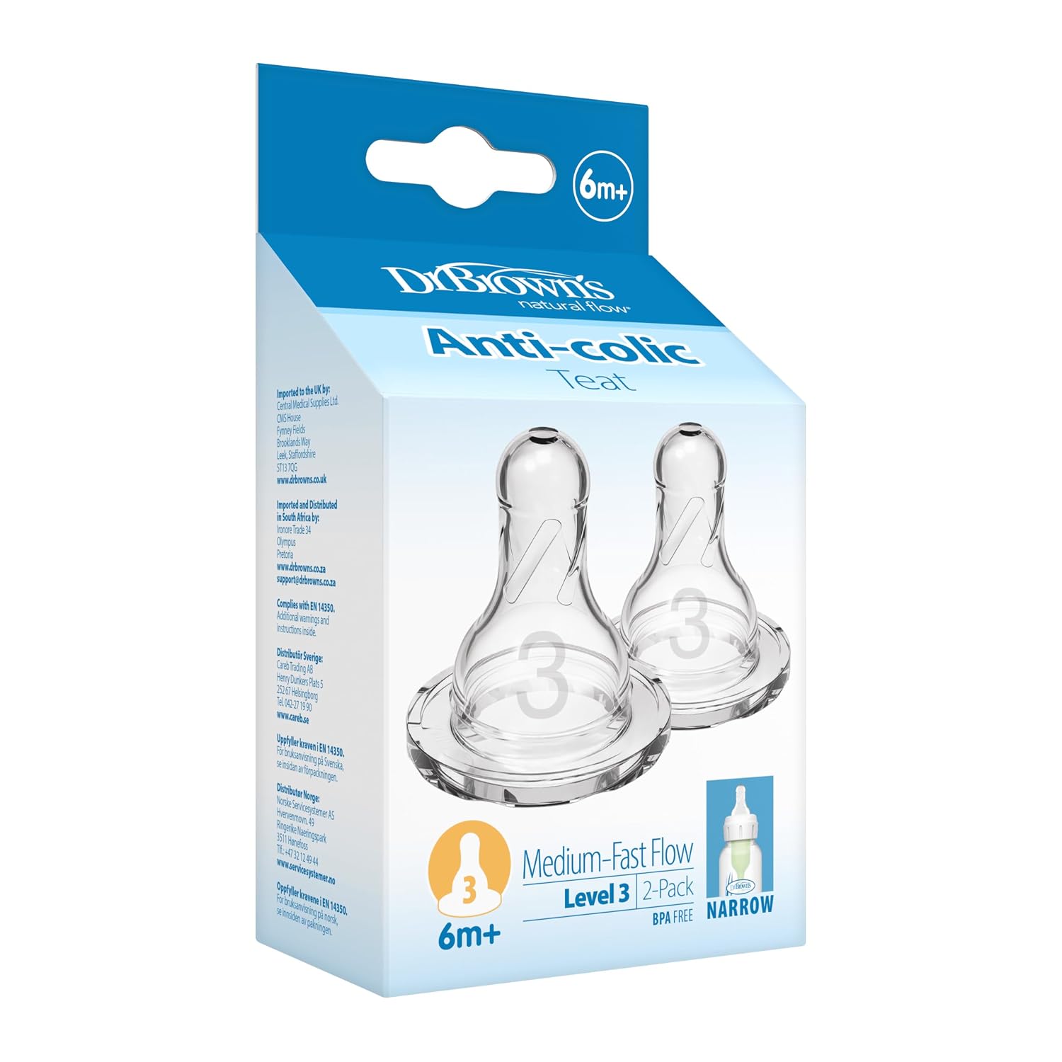 Dr. Brown's Silicone Natural Flow Level 3 Narrow Nipple (Clear) - Set of 2