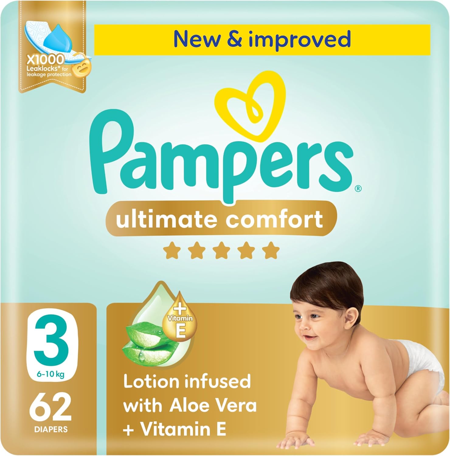 Pampers Ultimate Comfort Taped Diapers, Size 3, 6-10kg, Lotion infused with Aloe Vera and Vitamin E, x1000 Leak Locks Technology for Leakage Protection, Mega Pack, 62 Count