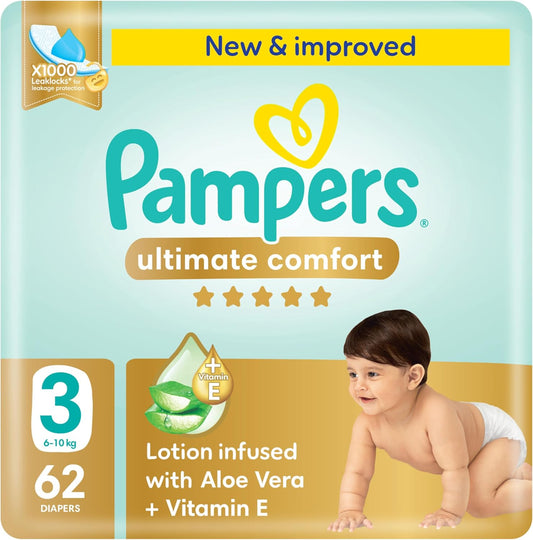 Pampers Ultimate Comfort Taped Diapers, Size 3, 6-10kg, Lotion infused with Aloe Vera and Vitamin E, x1000 Leak Locks Technology for Leakage Protection, Mega Pack, 62 Count