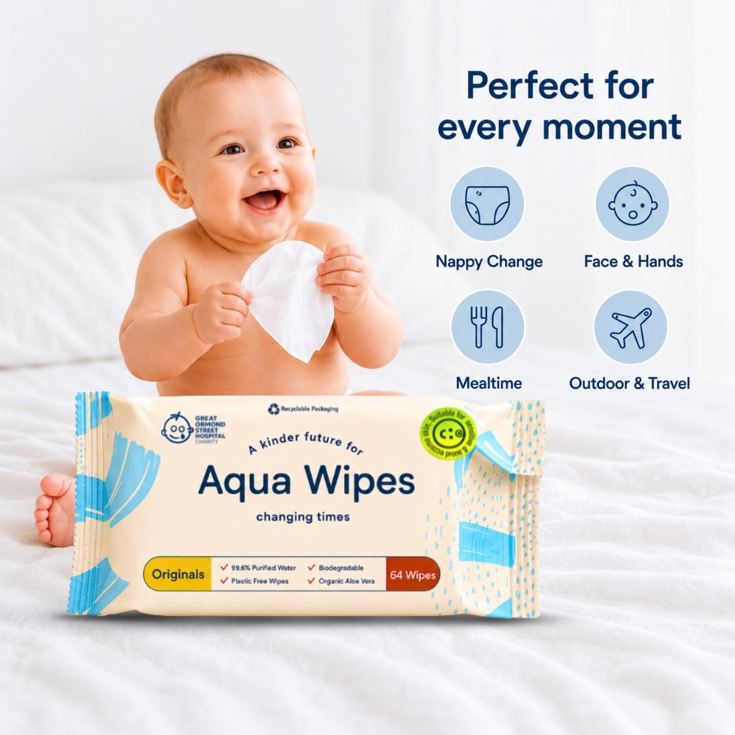 Aqua Wipes Baby Wipes | 100% Biodegradable, Plastic-Free, 99.6% Water | Newborn Safe, Vegan, Paraben & Perfume Free | WaterWipes Alternative (Pack of 2 x 64 Wipes – 128 Count)