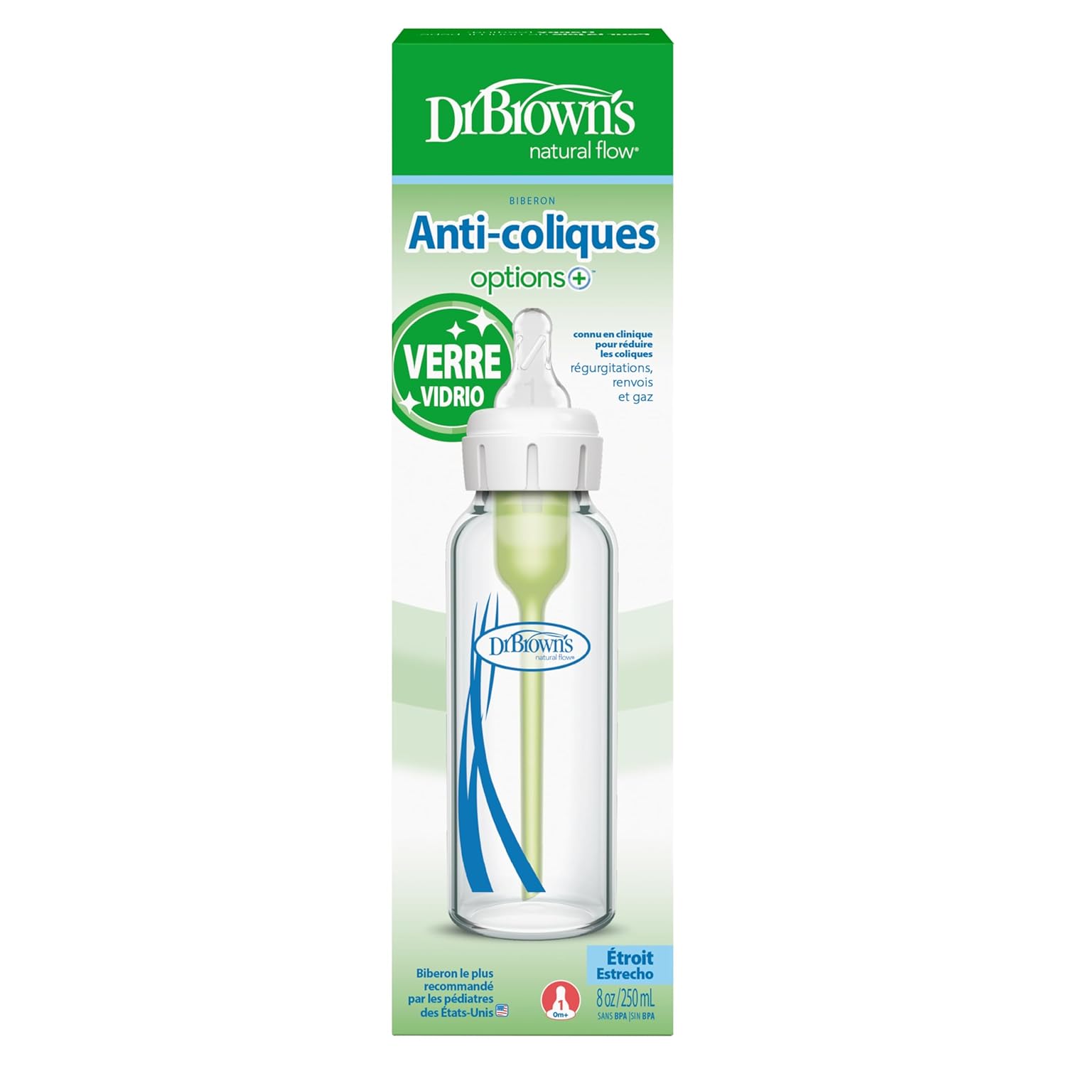 Dr. Brown's Natural Flow Options+ Narrow Neck Glass Baby Bottle, 8oz / 250ml