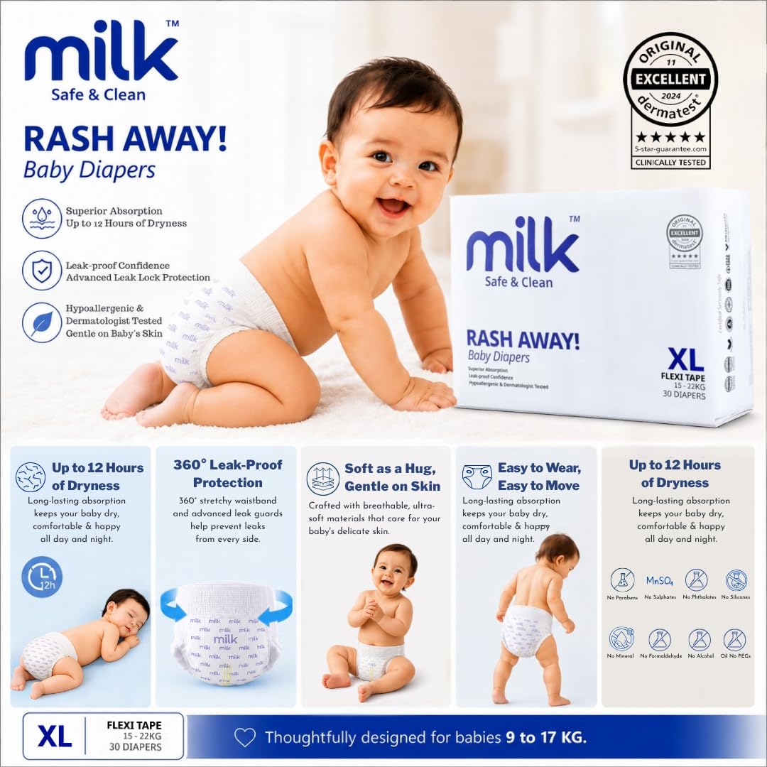 Milk Baby Diapers XL Size (15–22 kg) – 30 Count | Flexi Tape Closure | Super Absorbent, Leakproof & Soft for Sensitive Skin
