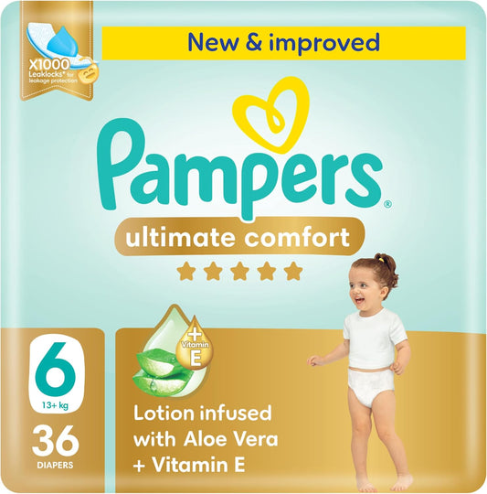 Pampers Ultimate Comfort Taped Diapers, Size 6, 13+kg, Lotion infused with Aloe Vera and Vitamin E, x1000 Leak Locks Technology for Leakage Protection, Mega Pack, 36 Count